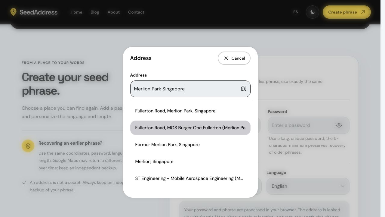 Nueva búsqueda de direcciones de SeedAddress con sugerencias para Merlion Park en Singapur